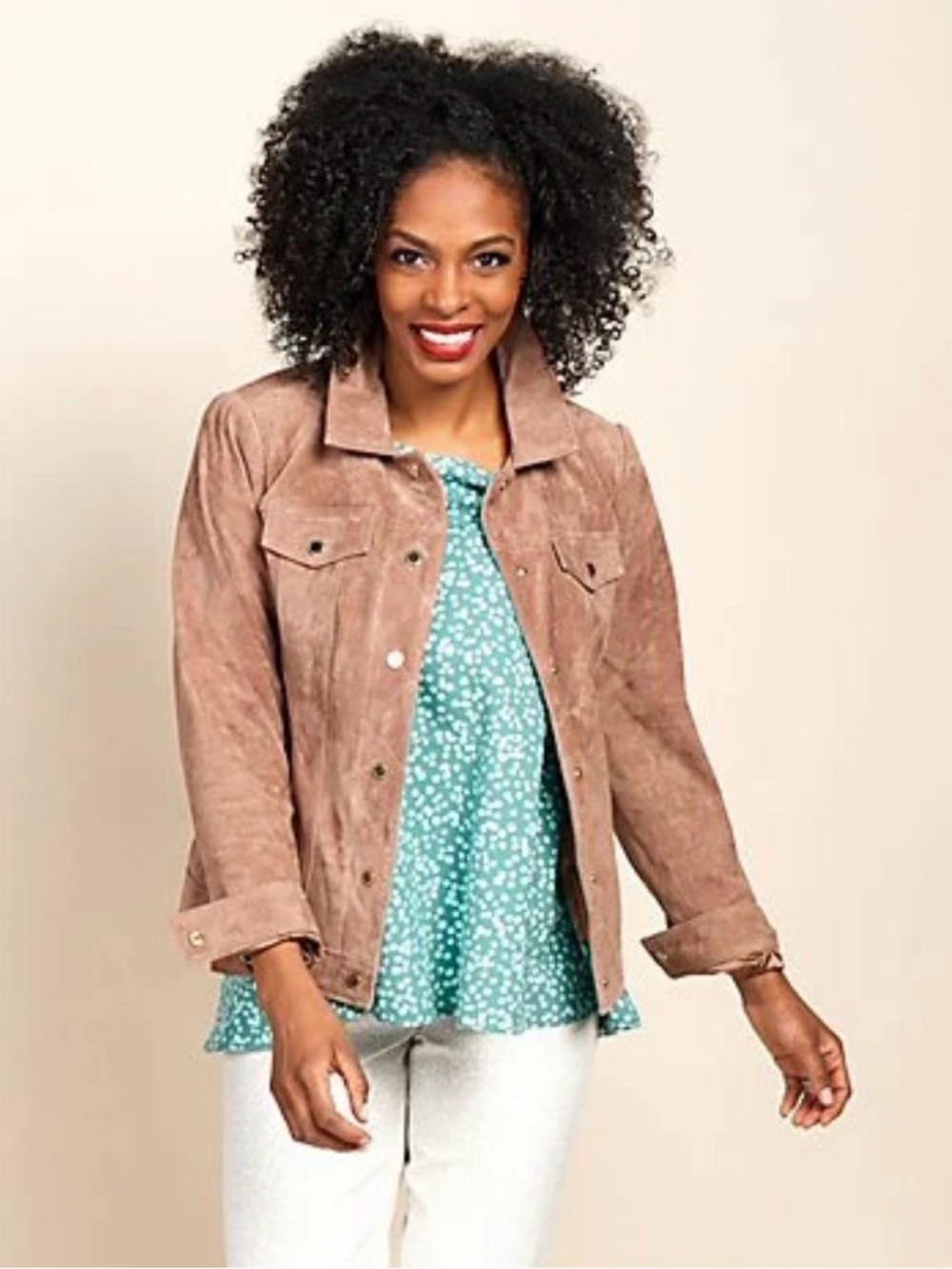 Isaac Mizrahi Light Brown Suede Trucker Jacket